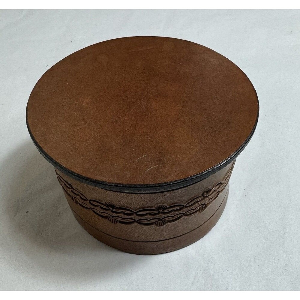 Vintage Leather Lidded Round Box Fur Lined 5 Inch Rare Trinket Jewelry Box